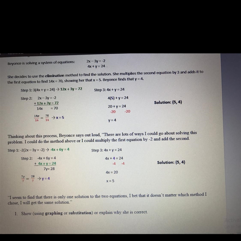 1. Show (using graphing or substitution) or explain why she is correct.-example-1