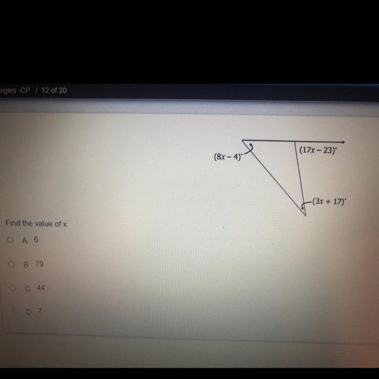 (17x - 23) (8x - 4) -(3x + 17) Find the value of x. 0 A 6 B 79 O C 44 OD 7-example-1