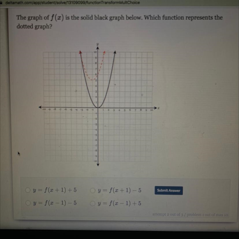 The graph of f(x) is the solid black graph below. Which function represents the dotted-example-1