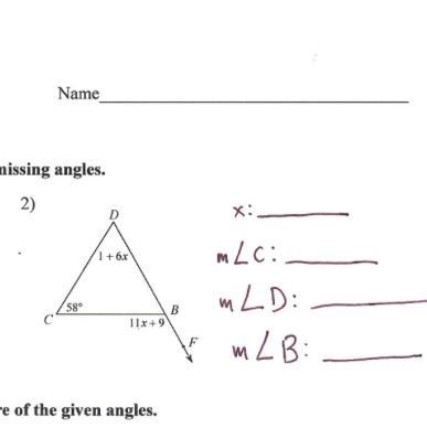 Solve for x. Find the missing angels. Show work!!!-example-1