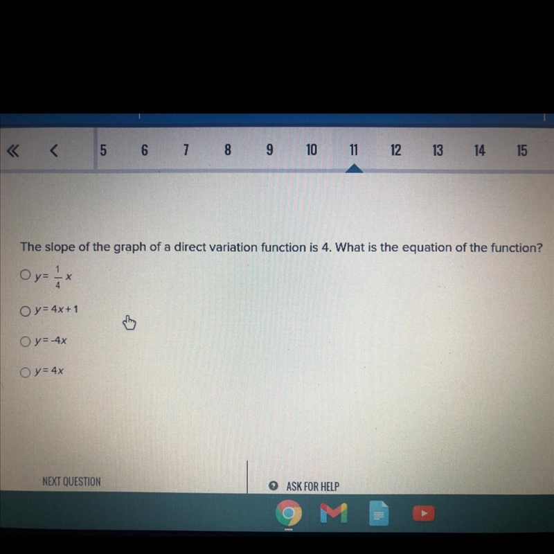 The slope of the graph of a direct variation function is 4. What is the equation of-example-1