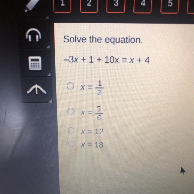 Solve the equation. -3x + 1 + 10x = x + 4 Ох: x= No x= x = x = 12 x = 18-example-1