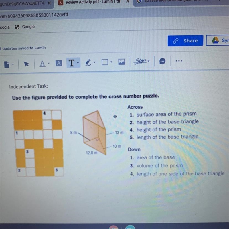 Use the figure to complete the cross number puzzle-example-1