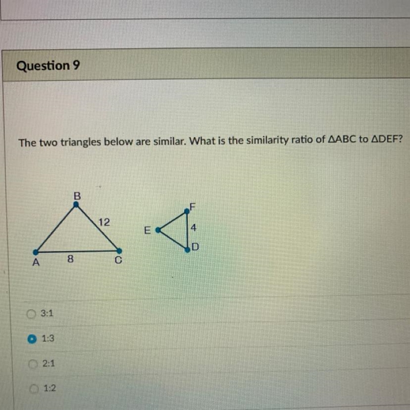 The two triangles below are similar. What is the similarity ratio of AABC to ADEF-example-1