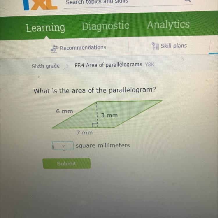 What is the area of the parallelogram? 6 mm 3 mm 7 mm-example-1