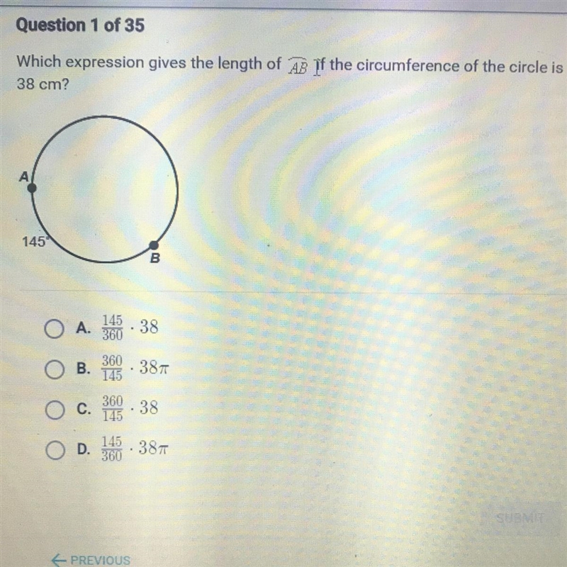 Which expression gives the length of AB If the circumference of the circle is 38 cm-example-1