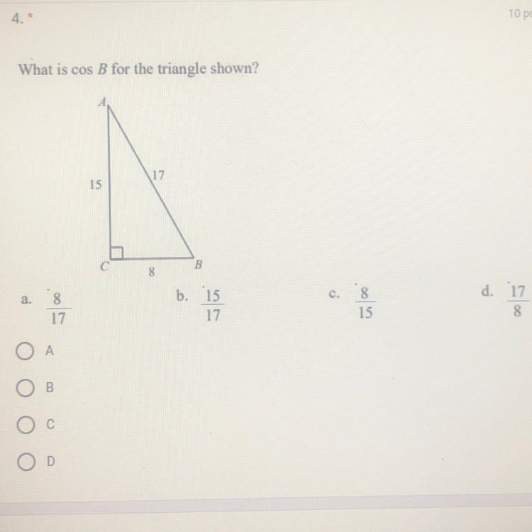 What is cos B for the triangle shown-example-1