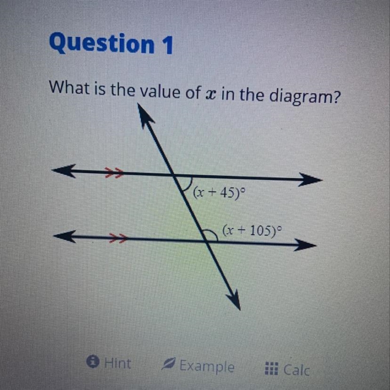 What is the value of x in the diagram? (x + 45) (x + 105)-example-1