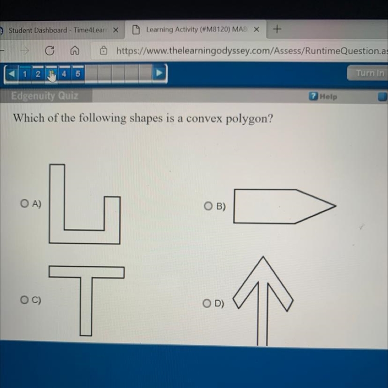 Which of the following shapes is a convex polygon? OA) OB) OC) OD)-example-1