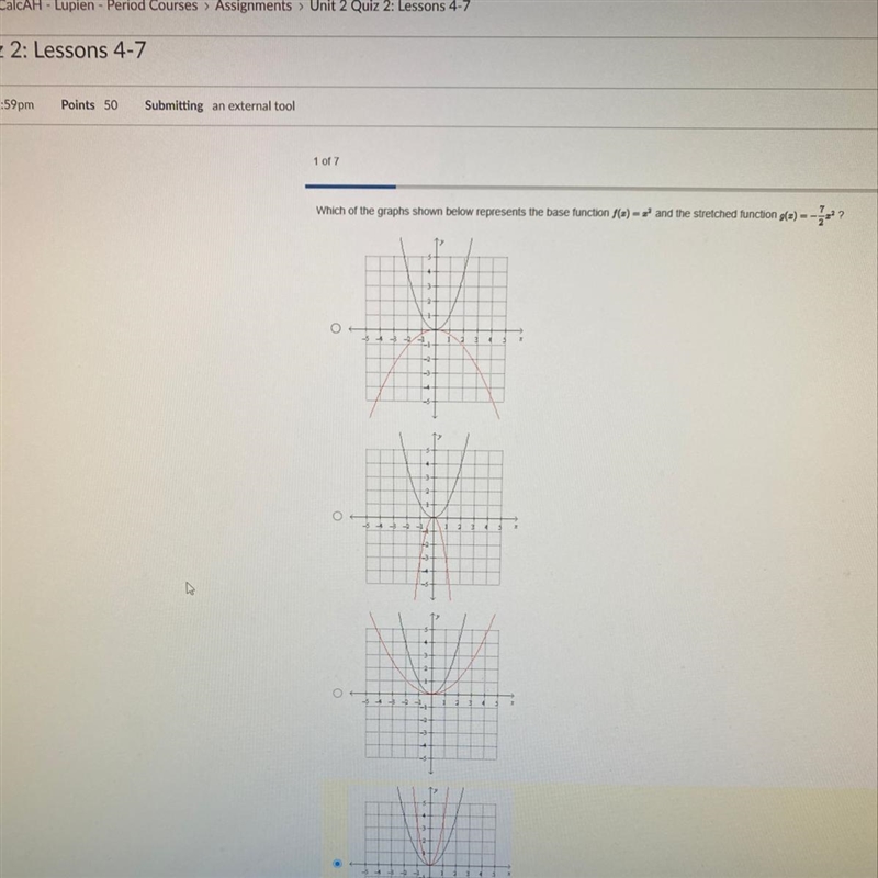 which of the graphs shown below represents the base function f(x)=x^2 and the stretched-example-1