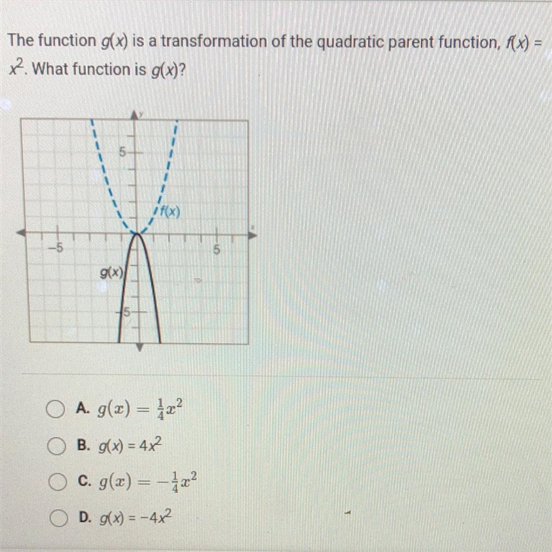 The function g(x) is a transformation of the quadratic parent function, f(x)=x2. What-example-1