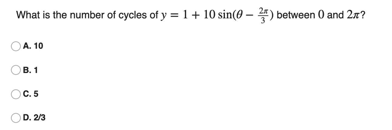 What is the number of cycles of y=1+10sin(θ−2π/3) between 0 and 2π?-example-1