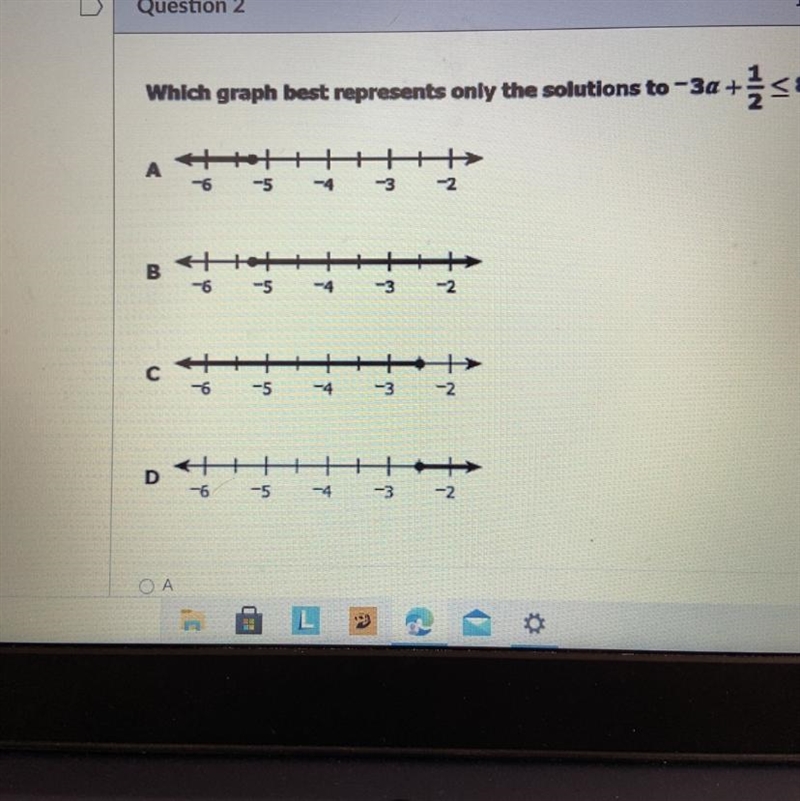 Which graph best represents only the solutions to -3a + 1/2 <=8 hurry pleaseeeeee-example-1