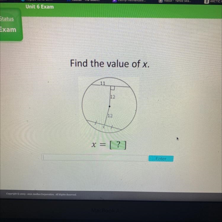 ACELLUS HELP ASAP Find the value of x. 11 12 12 x = [?] Enter-example-1