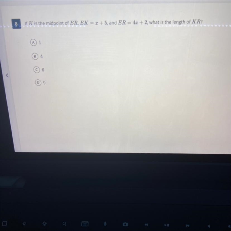 If K is the midpoint of ER, EK = x + 5, and ER = 4x + 2, what is the length of KR-example-1