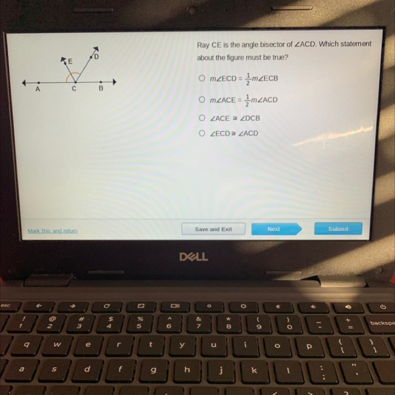 Ray CE is the angle bisector of about the figure must be true?-example-1