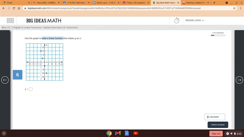 Use the graph to write a linear function that relates y to x. y=?-example-1