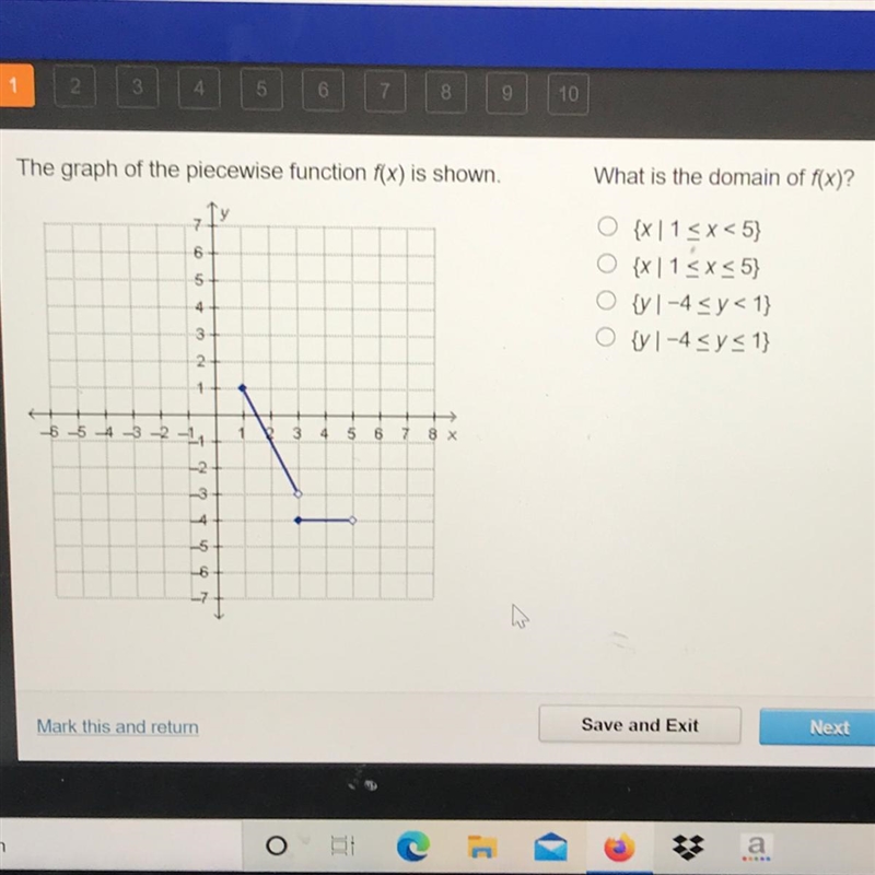 The graph of the piecewise function f(x) is shown. What is the domain of f(x)?-example-1