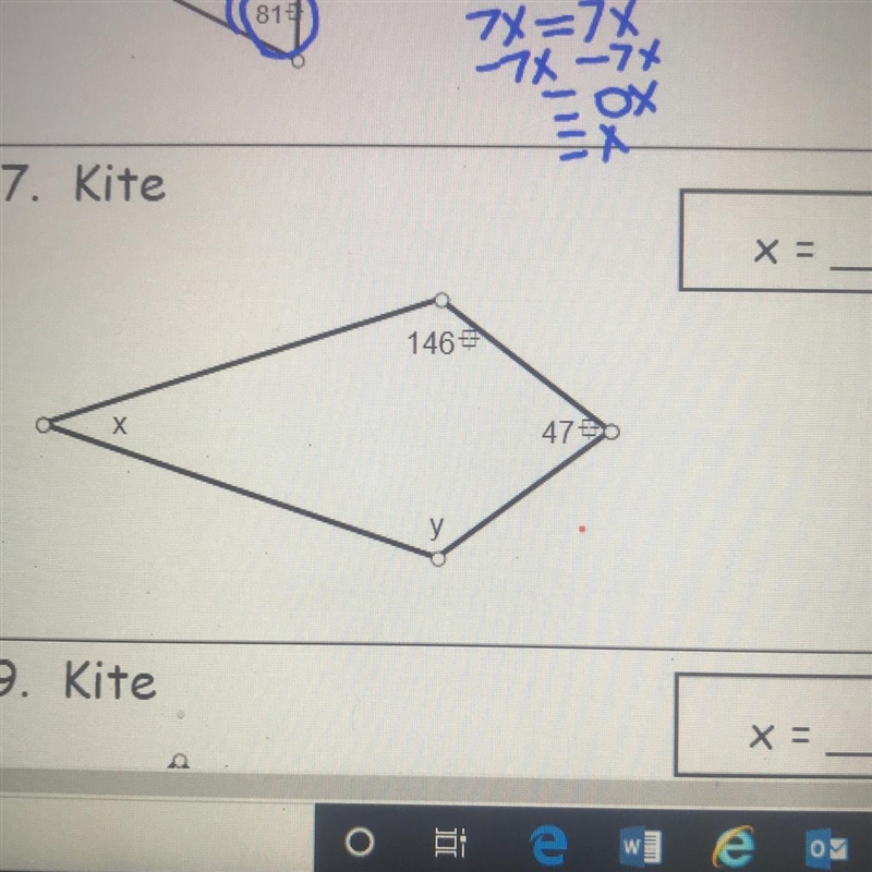 Geometry please help! 7. Kite x = _ y = 146-example-1