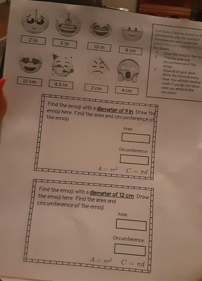 Find the emoji with a diameter of 12 cm. Draw the emoji here. Find the area and circumference-example-1