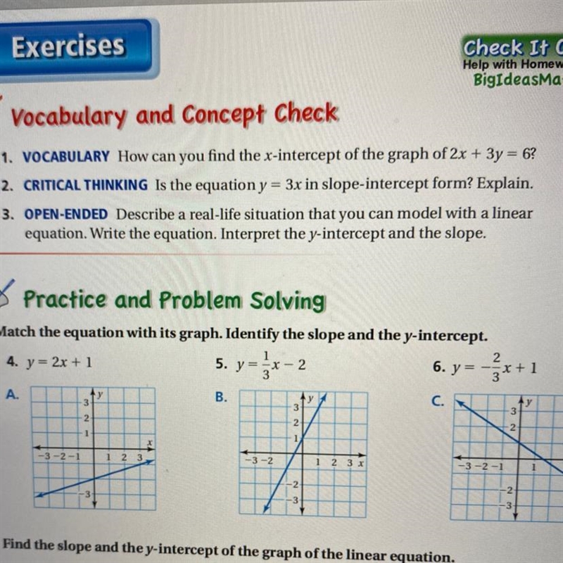 1.How can you find the x-intercept of the graph of 2x+3y=6. Explain in words pls-example-1