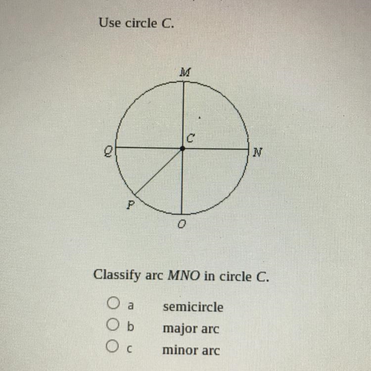 Use circle C classify arc MNO in circle C-example-1