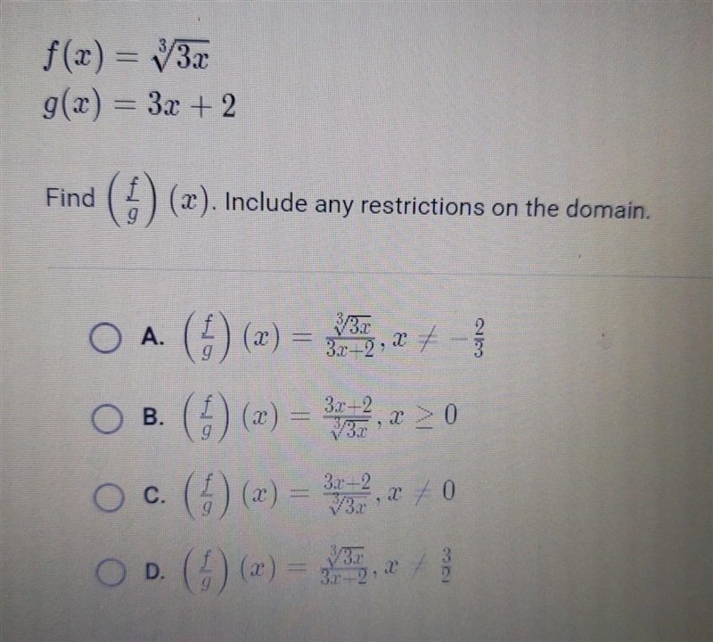 F(x) = 3√3x g(x) = 3x+2​-example-1