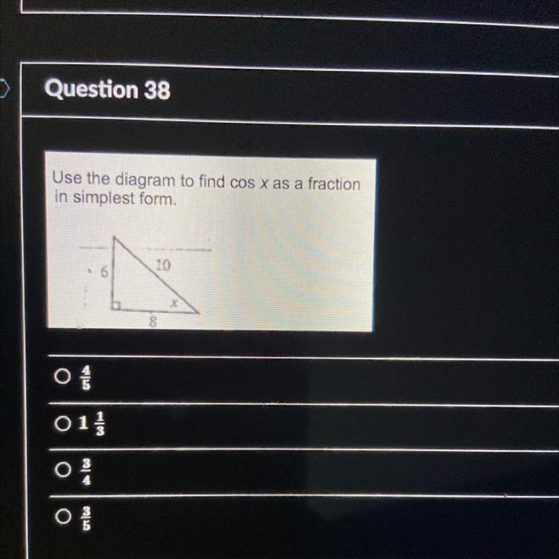 Use the diagram to find cos x as a fraction in simplest form.-example-1