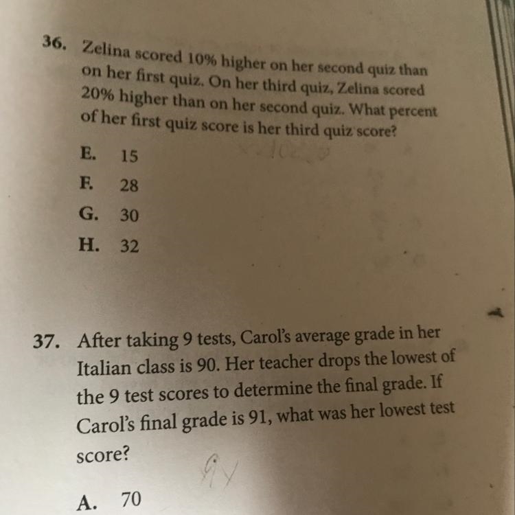 Help on 36 and 37 pls, the choices for 37 are 70,77,82, and 90-example-1