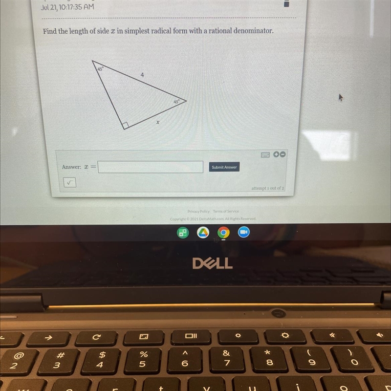 Find the length of side x in simplest radical form with a rational denominator. 45 4 45 x-example-1