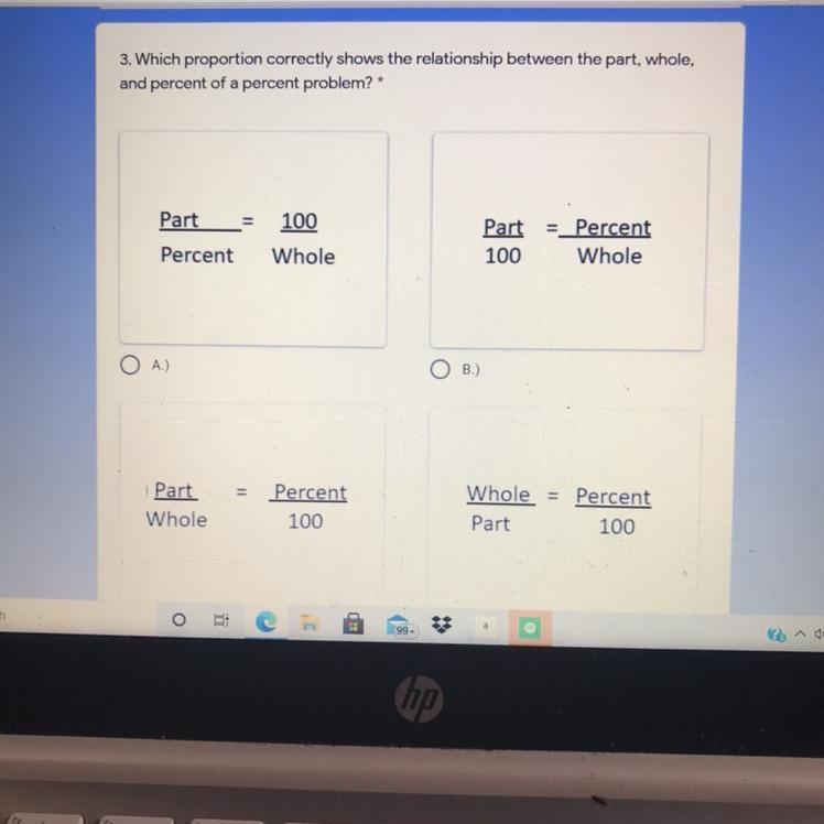 Which proportion correctly shows the relationship between the part, whole, and percent-example-1