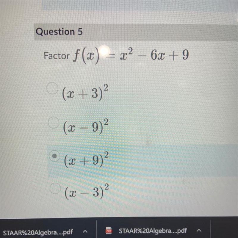 Factor f(x) = x2 – 6x + 9 (x+3)² (x - 9)² (x + 9)2 (x - 3)²-example-1