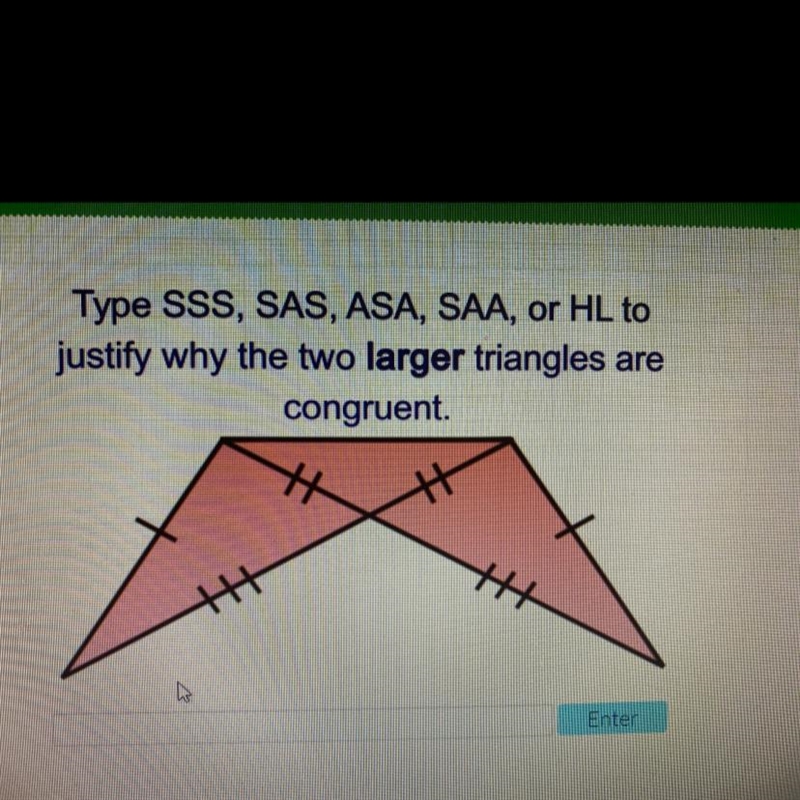 Type SSS, SAS, ASA, SAA, or HL to justify why the two smaller triangles are congruent-example-1