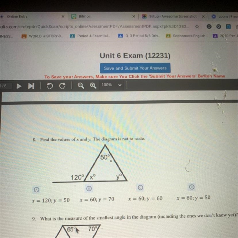 8. Find the values of x and y. The diagram is not to scale. 50° 120/xº Do x = 120; y-example-1