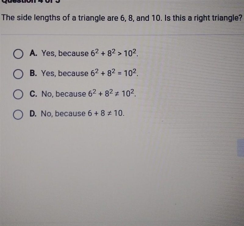 The side lengths of triangle are 6,8,10 is this is a right angle Help hurry plz it-example-1