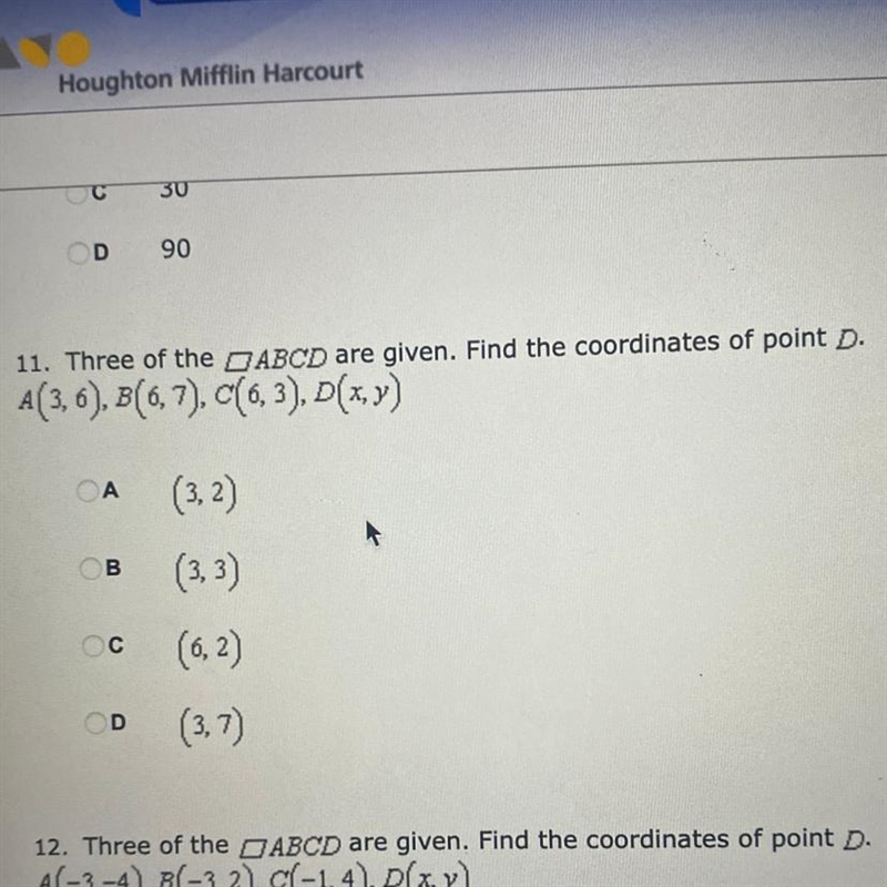 There of the ABCD are given. fine the coordinates of point D. A(3, 6) B(6,3) D(x, y-example-1