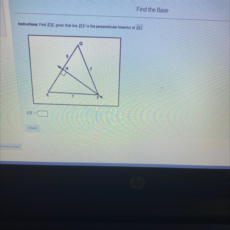 Find EH , given that line HF is the perpendicular bisector of EG-example-1