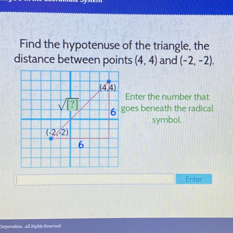 Helpppppppp Find the hypotenuse of the triangle, the distance between points (4, 4) and-example-1