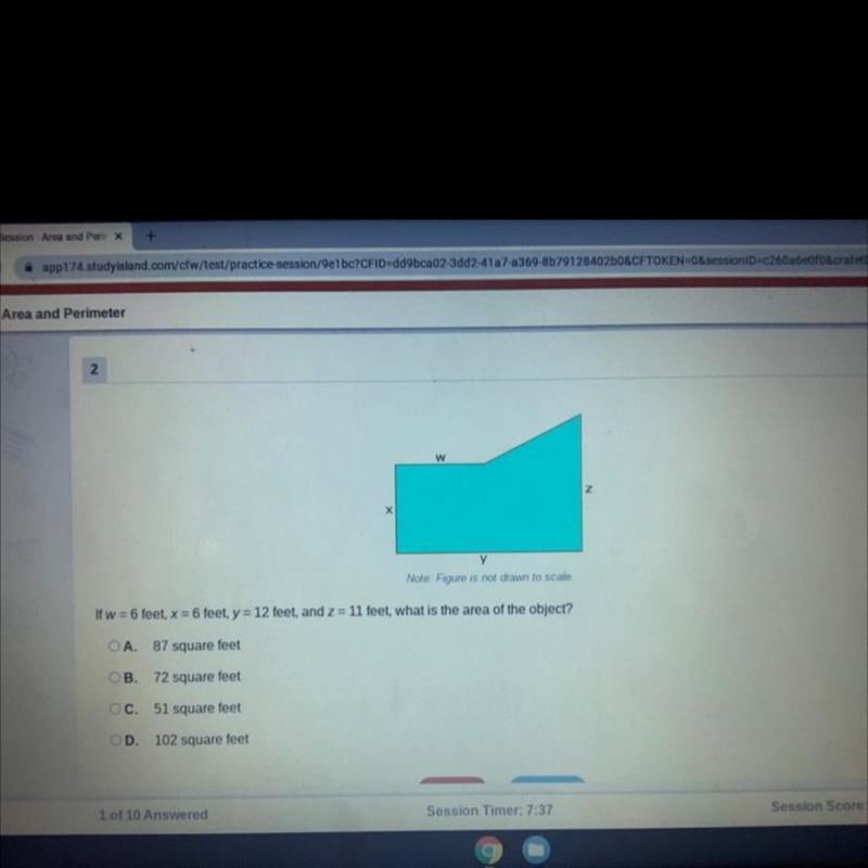 If w = 6 feet, x = 6 feet, y = 12 feet, and z = 11 feet, what is the area of the object-example-1