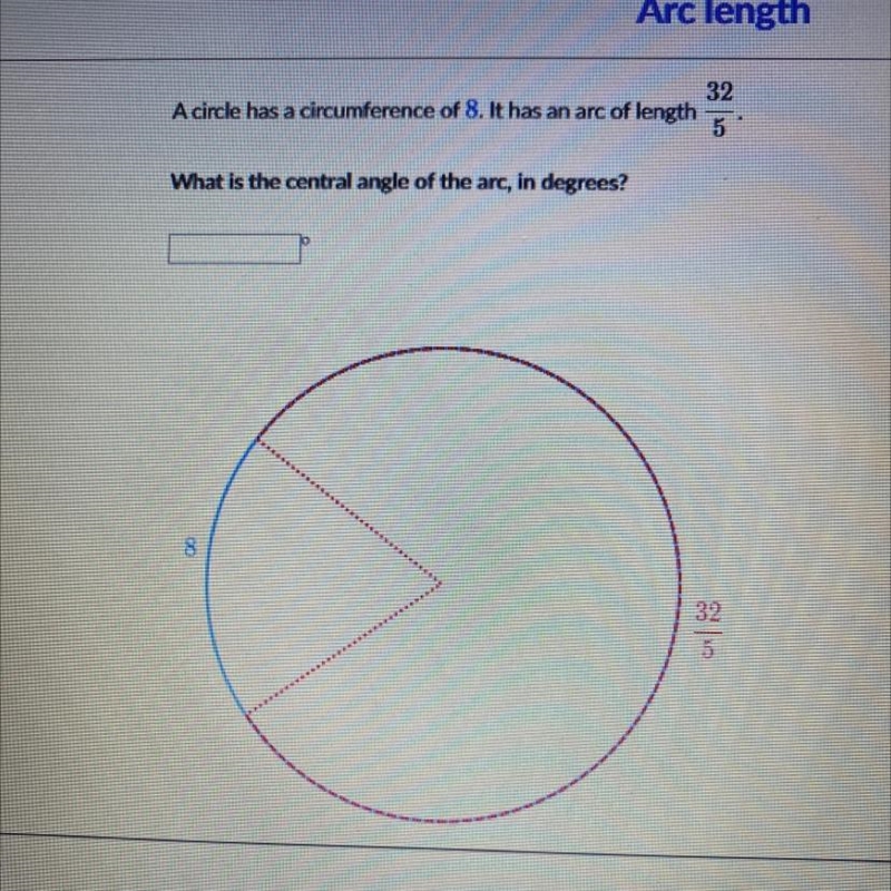 A circle has a circumference of 8. It has an arc of length 32/5. What is the central-example-1