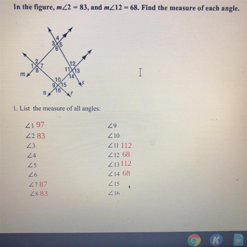 In the figure, m<2 = 83, and m<21 = 68. Find the measure of each angle-example-1