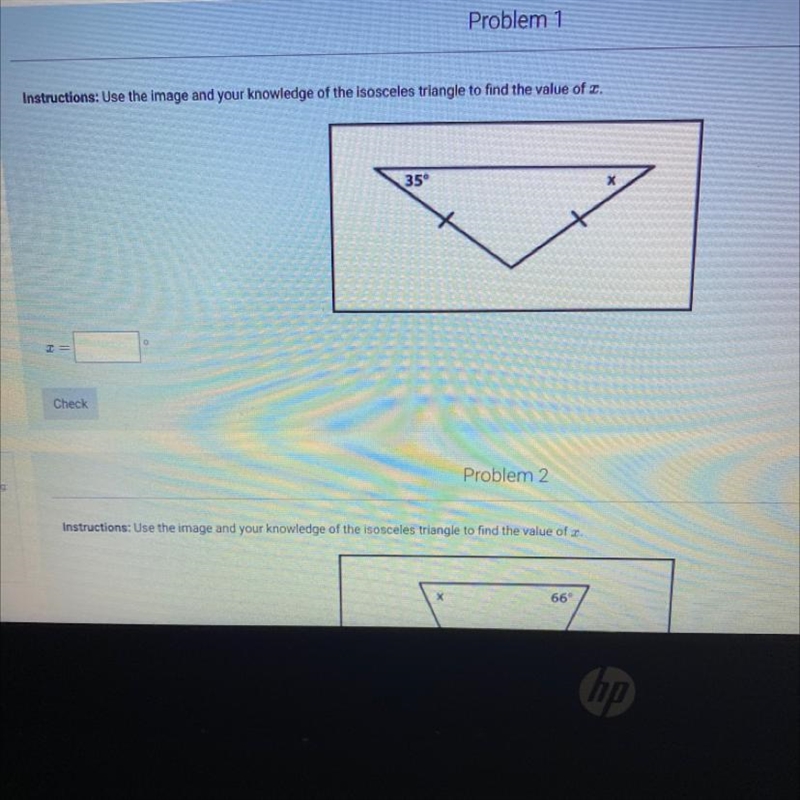 Question 1: Use the image and your knowledge of the isosceles triangle to find the-example-1