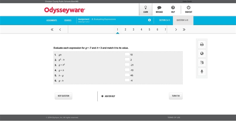 Please help me I am its in the pic Evaluate each expression for g = -7 and h = 3 and-example-1