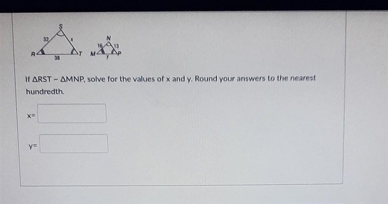 Solve for the values of x and y. Round the answers to the nearest hundredth.​-example-1