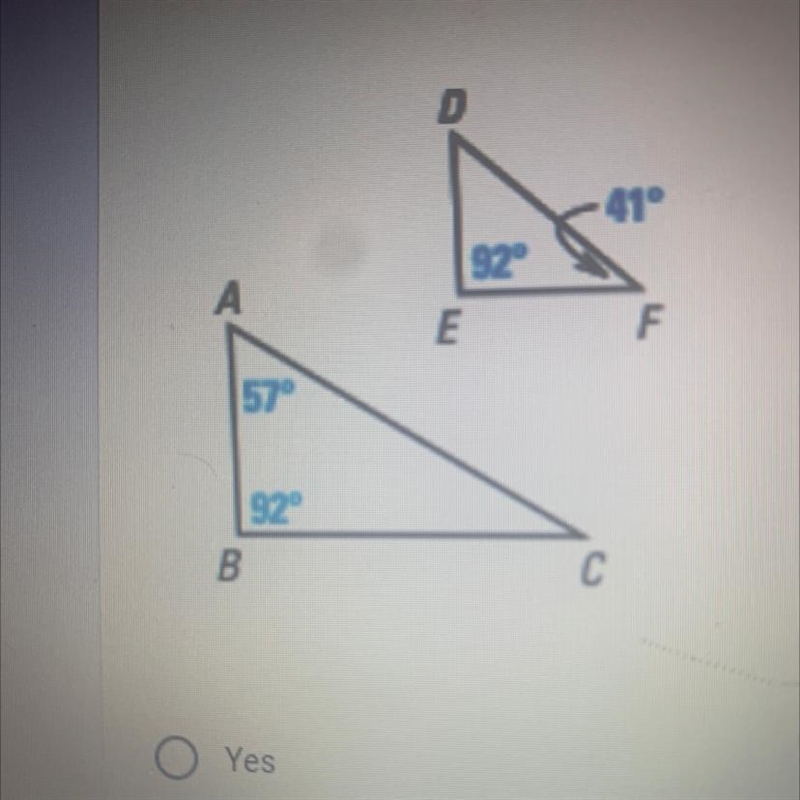 Are these triangles similar? explain why did you pick yes or no.-example-1