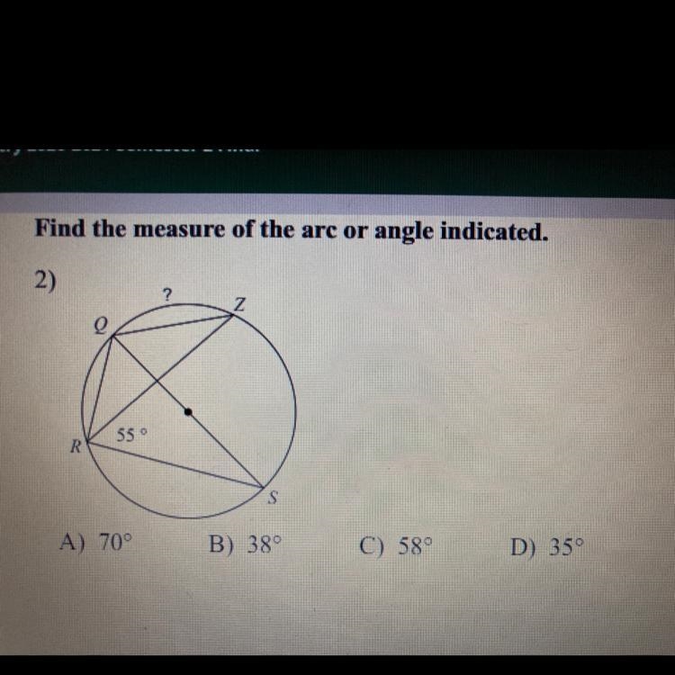 Find the measure of the arc or angle indicated Please help this is geometry-example-1