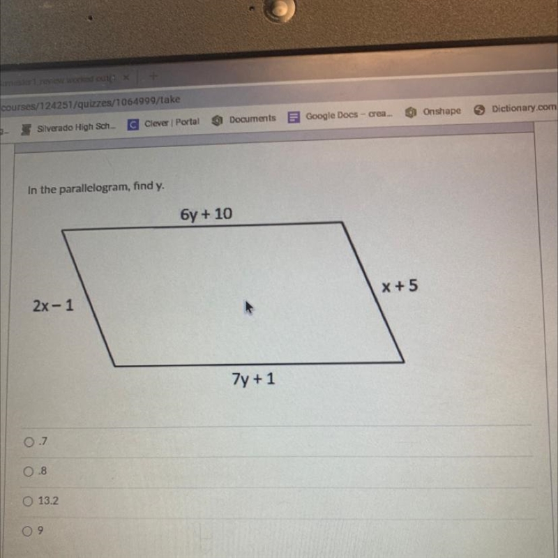 In the parallelogram, find y. бу + 10 X + 5 2x - 1 7y + 1-example-1