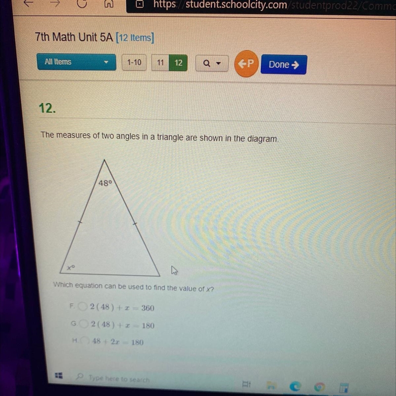 The measures of two angles in a triangle are shown in the diagram. 48° Which equation-example-1