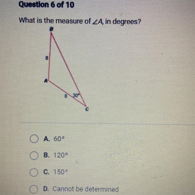 What is the measure of 2A, in degrees? A. 60° B. 120° C. 150 D. Cannot be determined-example-1