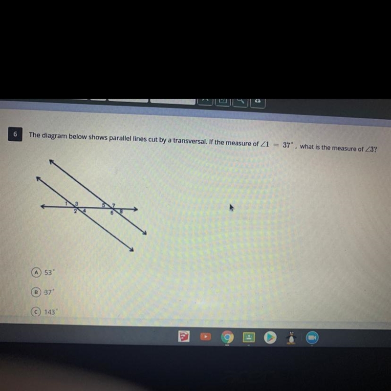 If the measure of <1 = 37 degrees what is the measure of <3-example-1